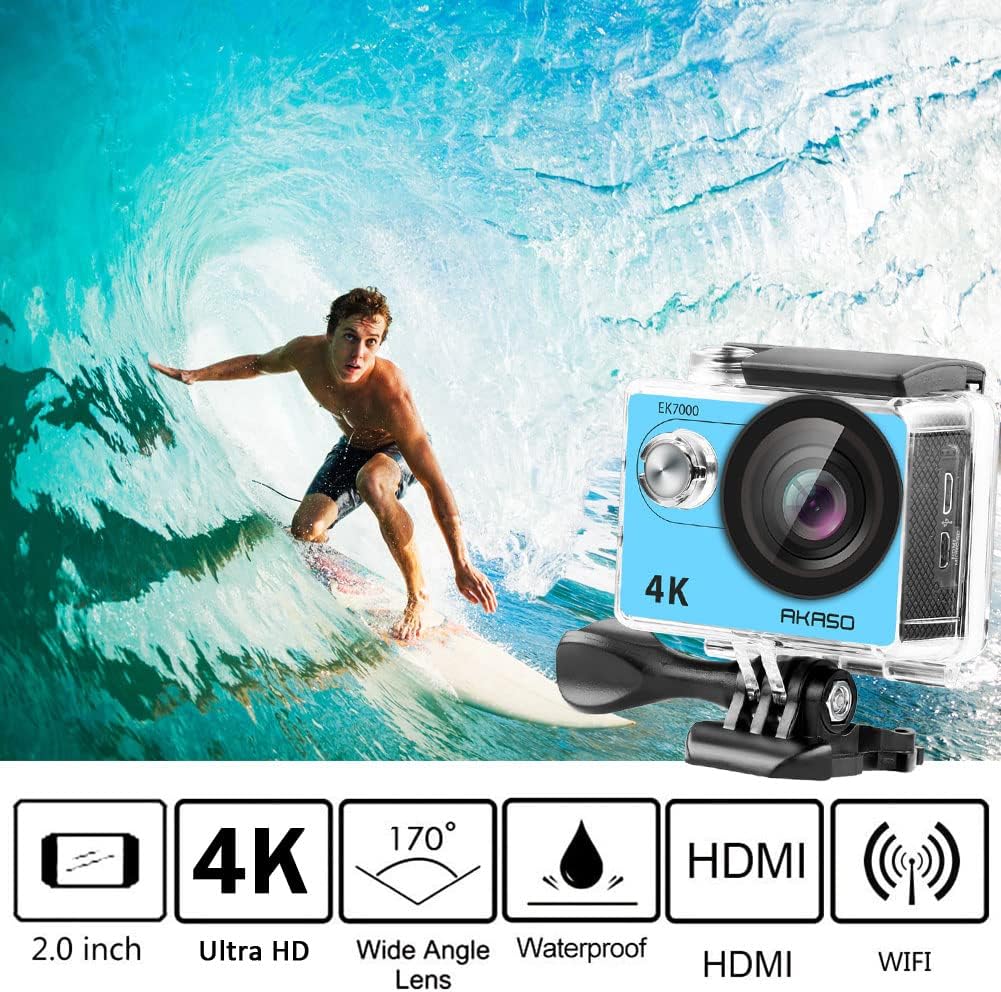 AKASO EK7000 4K30FPS Action Camera Ultra HD Underwater Camera 170 Degree Wide Angle 98FT Waterproof Camera Blue