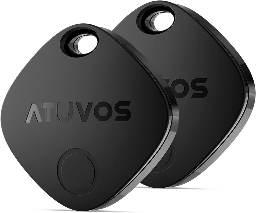 ATUVOS Key Finder Locator, Bluetooth Tracker Works with Apple Find My (iOS only), IP67 Waterproof, Privacy Protection, Lost Mode, Item Locator for Suitcase, Bags, and More 2 Pack Black