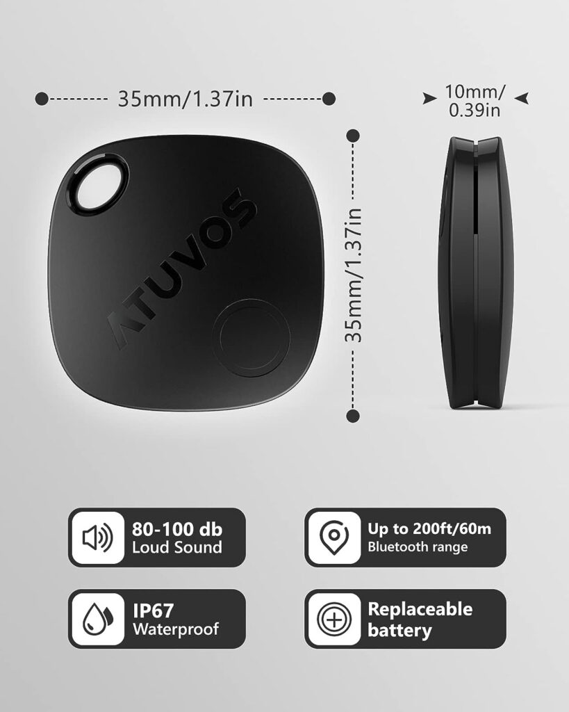 ATUVOS Key Finder Locator, Bluetooth Tracker Works with Apple Find My (iOS only), IP67 Waterproof, Privacy Protection, Lost Mode, Item Locator for Suitcase, Bags, and More 2 Pack Black