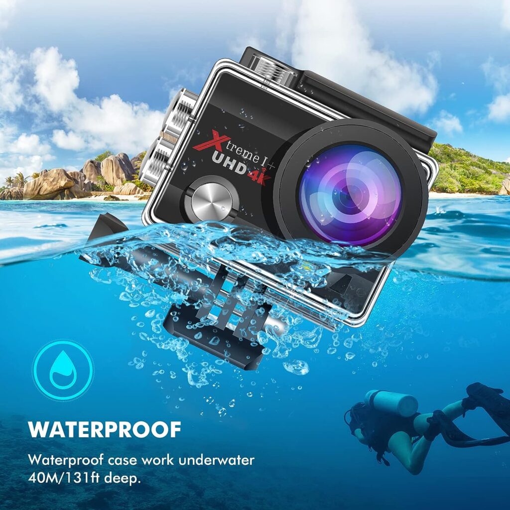 CAMWORLD Action Camera 4K Ultra HD WiFi Waterproof Cameras, 170° Adjustable Wide-Angle 40M Underwater Camcorder, 4X Zoom Sports Cam with 2 Batteries and Accessories