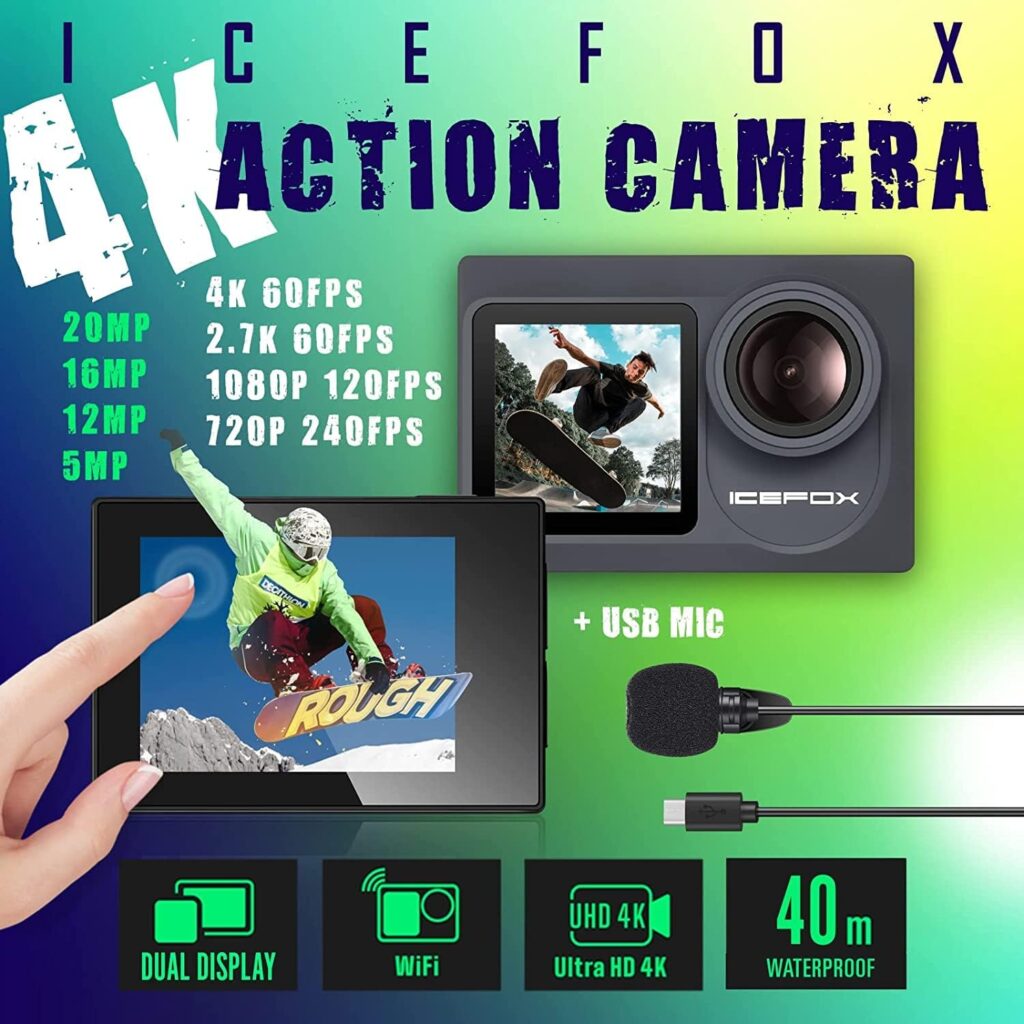 icefox Action Camera 4K Underwater Camera Waterproof 40M Ultra HD 20MP Camera 170 ° Ultra Wide Angle External Microphone WiFi Camcorder, Dark Gray