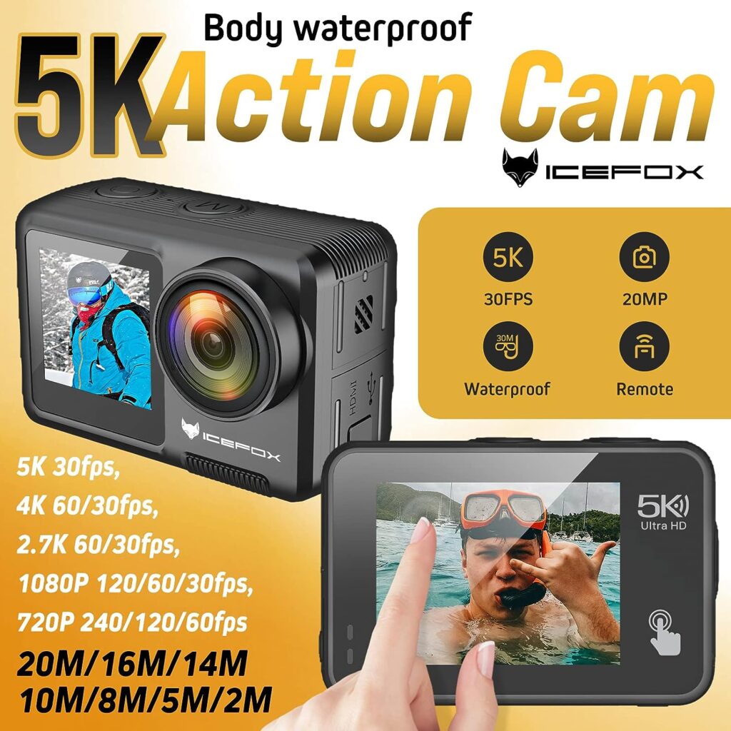 icefox Action Camera 5K 30FPS 20MP with Touch Screen, 98FT Waterproof Underwater Camera, EIS 4X Zoom Adjustable View Angle Remote Control WiFi Sports Camera with External Microphone Camcorder