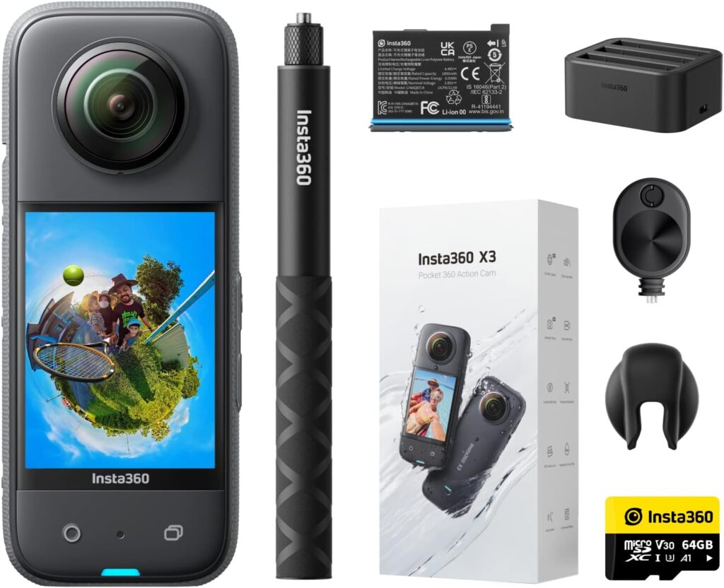 Insta360 X3 Ultimate Kit - Waterproof 360 Action Camera with 1/2 48MP Sensors, 5.7K 360 Active HDR Video, 72MP 360 Photo, 4K Single-Lens, 60fps Me Mode, Stabilization, 2.29 Touchscreen, AI Editing