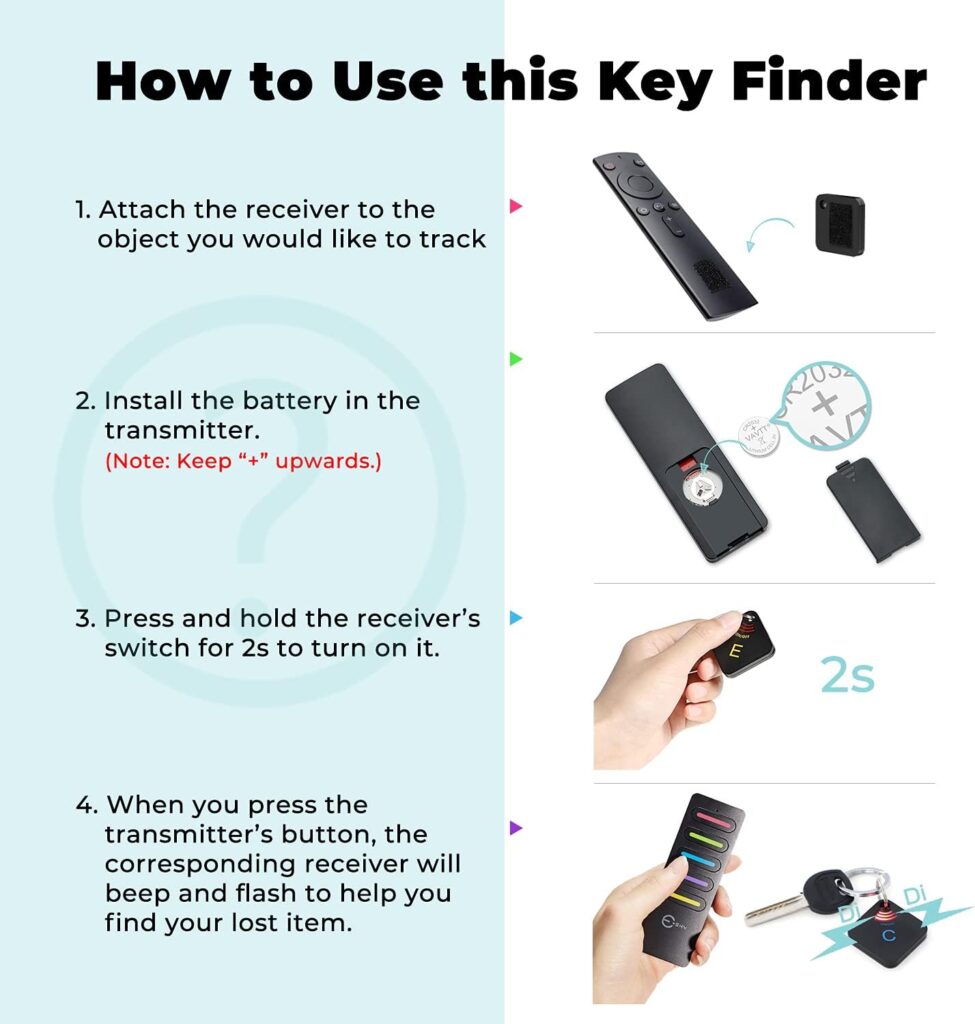 Key Finder, Esky 100dB Wireless Rechargeable RF Remote Finder with 197ft Working Range, 1 Transmitter and 5 Receivers Key Locator for Finding TV Remote, Keys, Pet, Ideal for Elder and Forgetful People