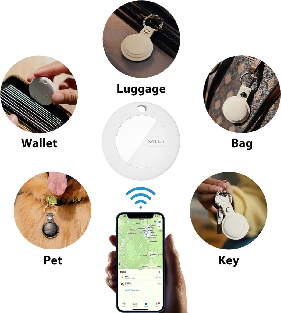 MiLi Key Finder Locator Luggage Tracker, Apple MFi Certified Portable Bluetooth Tracker Works with Apple Find My(iOS Only), Key Tracker Tag with Holder Case for Keys Pet Wallets Bags (Black 1 Pack)