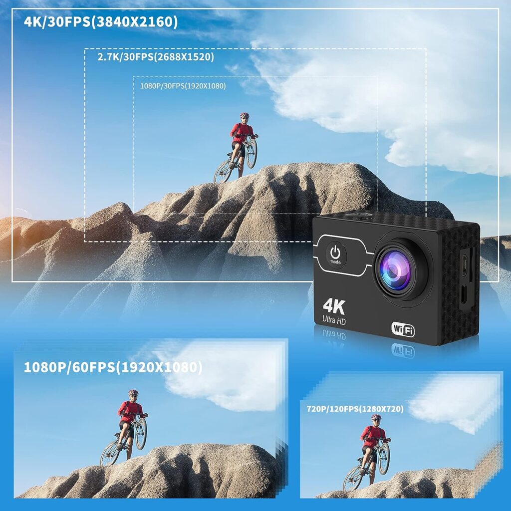 Ourlife Action Camera 4K 30FPS, 3X 1350mAh Batteries, 131FT Ultra HD WiFi Waterproof Camera with Remote Control, 4X Vlog Camera with 2.0 IPS Screen, Built-in Mic, Helmet Mounts  Mounting Accessories