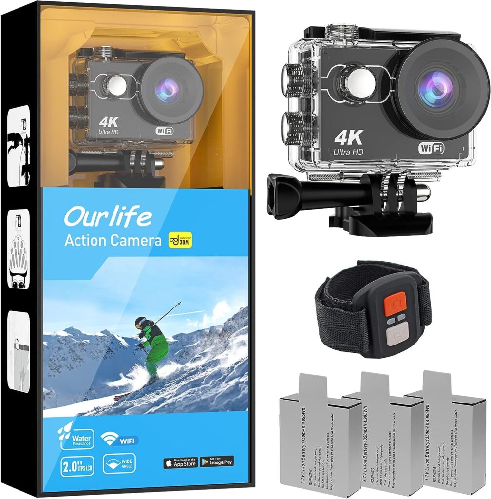 Ourlife Action Camera 4K 30FPS, 3X 1350mAh Batteries, 131FT Ultra HD WiFi Waterproof Camera with Remote Control, 4X Vlog Camera with 2.0 IPS Screen, Built-in Mic, Helmet Mounts  Mounting Accessories