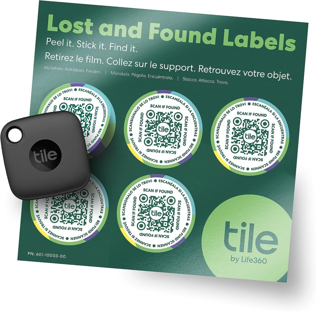 Tile Mate + Lost and Found Labels - Bluetooth Tracker for Keys, Bags and More; QR Scannable Labels for Laptops, Water Bottles, Kids Toys, Headphones and More. iOS and Android Compatible