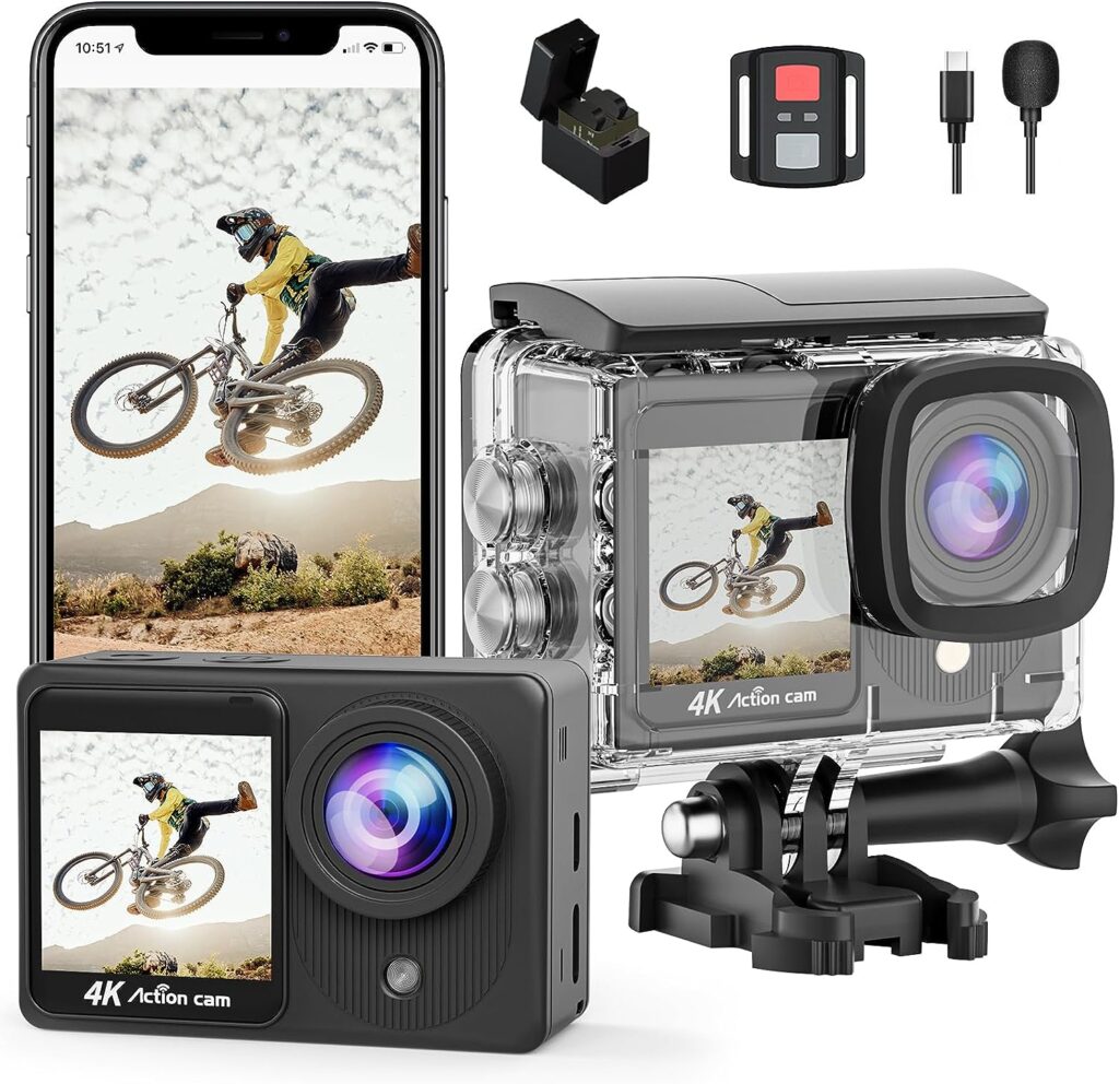 TIMNUT 4K Action Camera Touchscreen - Dual Screen Ultra HD EIS WiFi Sports Camera,40M Waterproof Camera 170°Wide Angle Vlog Camera 20MP Underwater Camcorder with Remote Control and 2 Batteries