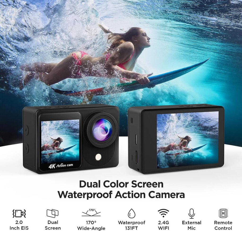 TIMNUT 4K Action Camera Touchscreen - Dual Screen Ultra HD EIS WiFi Sports Camera,40M Waterproof Camera 170°Wide Angle Vlog Camera 20MP Underwater Camcorder with Remote Control and 2 Batteries