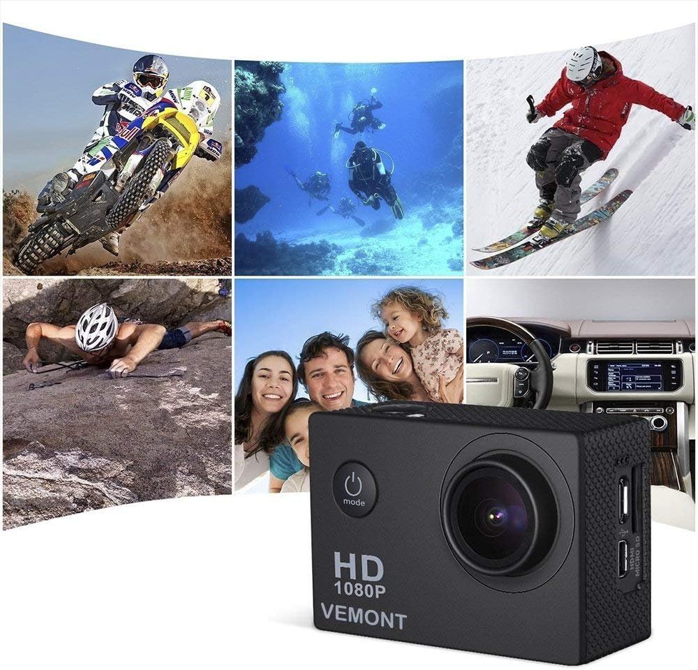 VEMONT Action Camera, 1080P 12MP Sports Camera Full HD 2.0 Inch Action Cam 30m/98ft Underwater Waterproof Snorkel surf Camera with Wide-Angle Lens and Mounting Accessories Kit