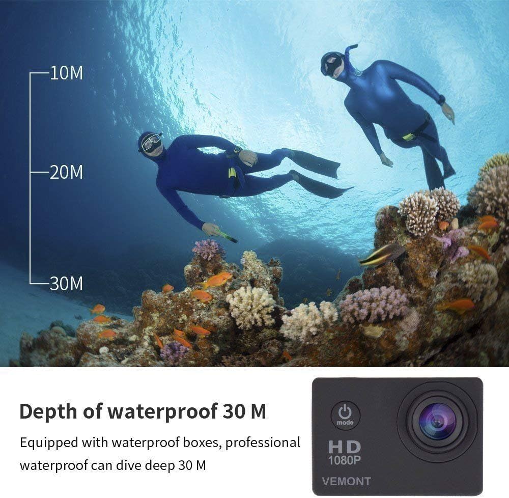 VEMONT Action Camera, 1080P 12MP Sports Camera Full HD 2.0 Inch Action Cam 30m/98ft Underwater Waterproof Snorkel surf Camera with Wide-Angle Lens and Mounting Accessories Kit