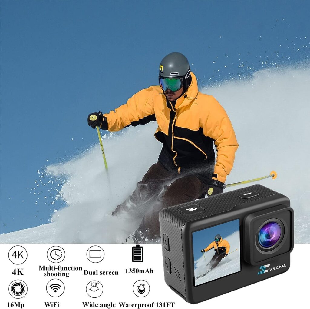 Xile Action Camera 4K WiFi Waterproof Camera 4*Zoom Dual Screen 131FT(40m) Waterproof Underwater Camera with 2X 1350mAh Batteries and Multifunctional Accessories Package Action Camera (4K+Dual Screen)