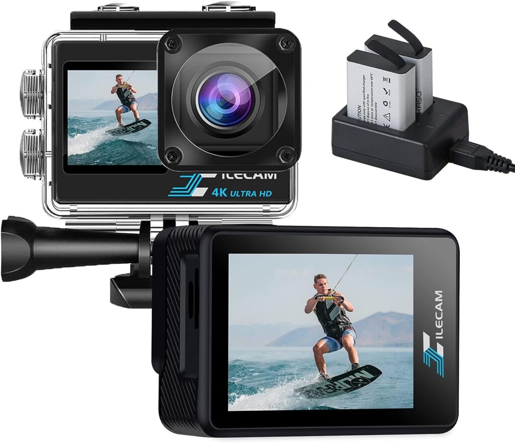 Xile Action Camera 4K WiFi Waterproof Camera 4*Zoom Dual Screen 131FT(40m) Waterproof Underwater Camera with 2X 1350mAh Batteries and Multifunctional Accessories Package Action Camera (4K+Dual Screen)