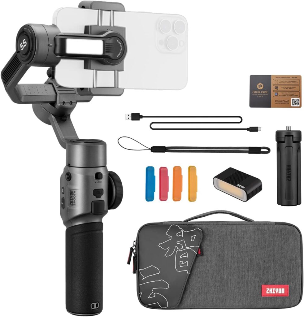 Zhiyun Smooth 5S Gimbal 3-Axis Handheld Smartphone Stabilizer for iPhone Android Phone with Built in LED Fill Light for Vlogging YouTube TikTok Facebook Video Live Stream,Gray(Combo Version)