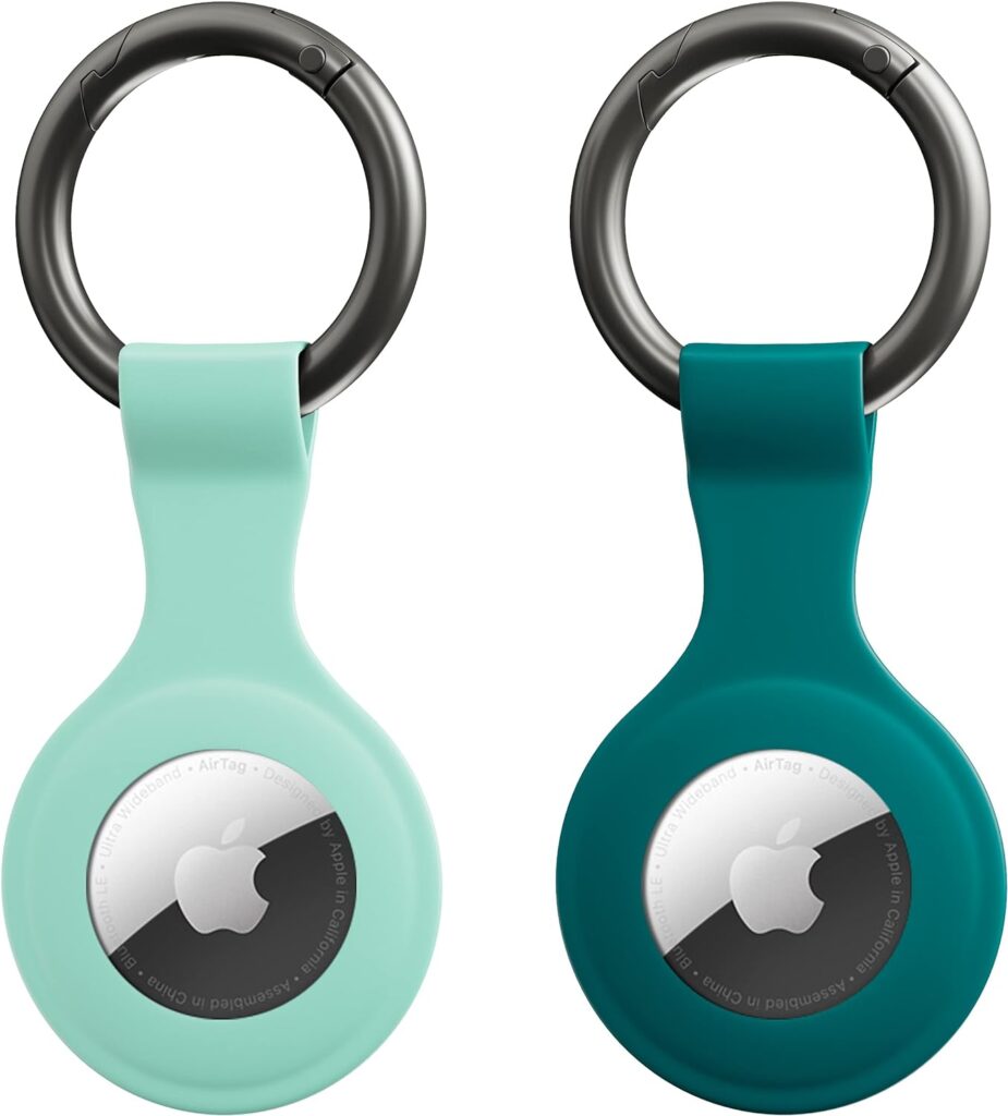 2 Pack AirTag Case, Shock Resistant Silicone Protective Case Cover for AirTag Key Finder Phone Finder with Keychain Carabiner (Mint Green and Turquoise)