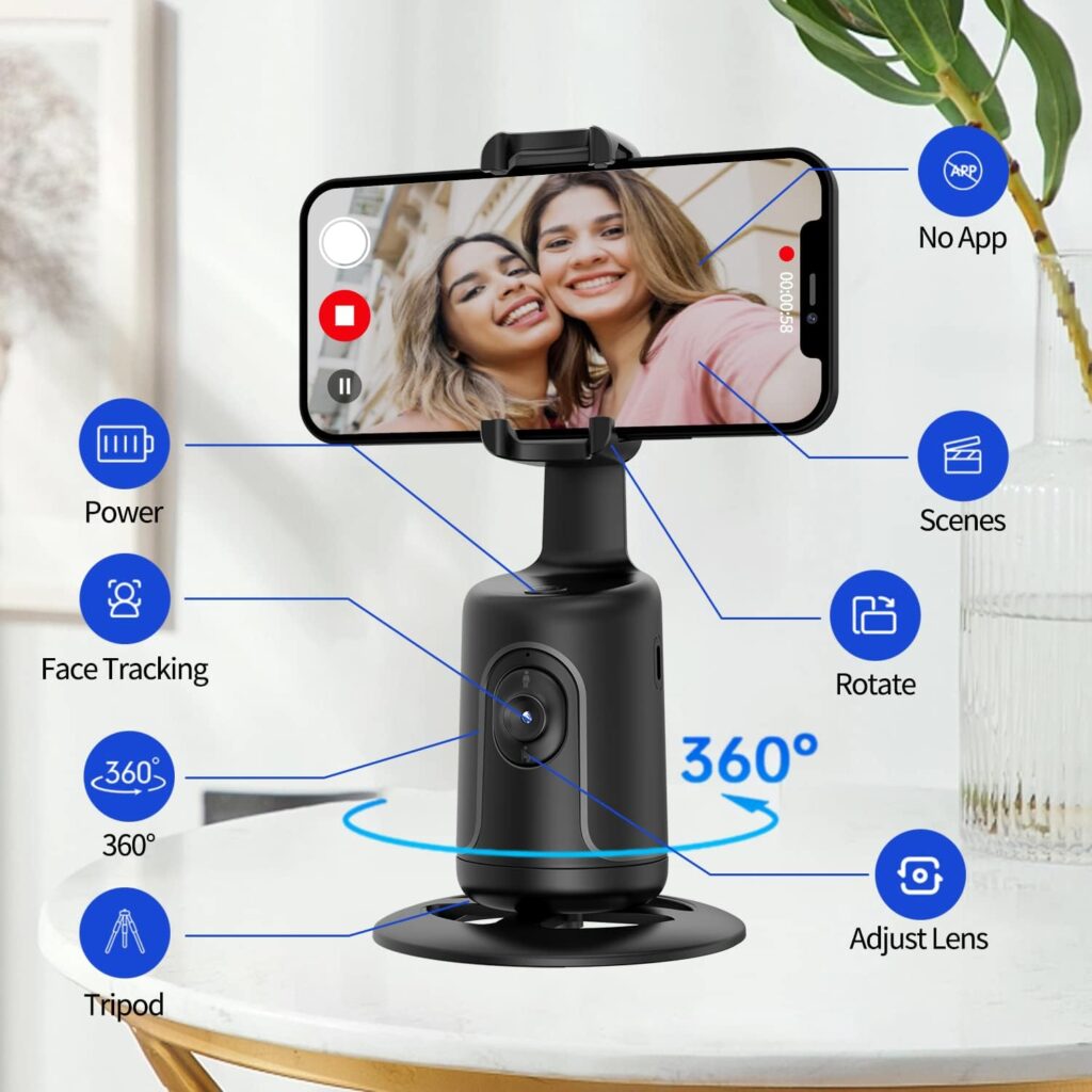 Auto Face Tracking Phone Holder with Remote,Korecase 360°Rotation Following Face Body Smart Shooting Tracking Tripod Phone Camera Mount for Live Vlog,Tiktok,Rechargeable Battery,No App,Black