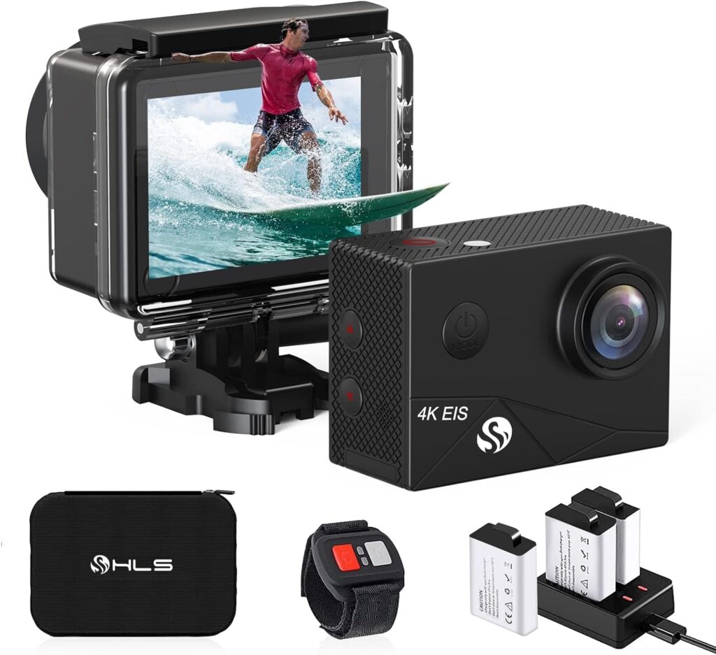 HLS 4k Action Camera Waterproof with 3 Batteries,Underwater Camera with Wide Angle Lens,Outdoor Sports Camera with Selfie Stick Kit  Remote Control