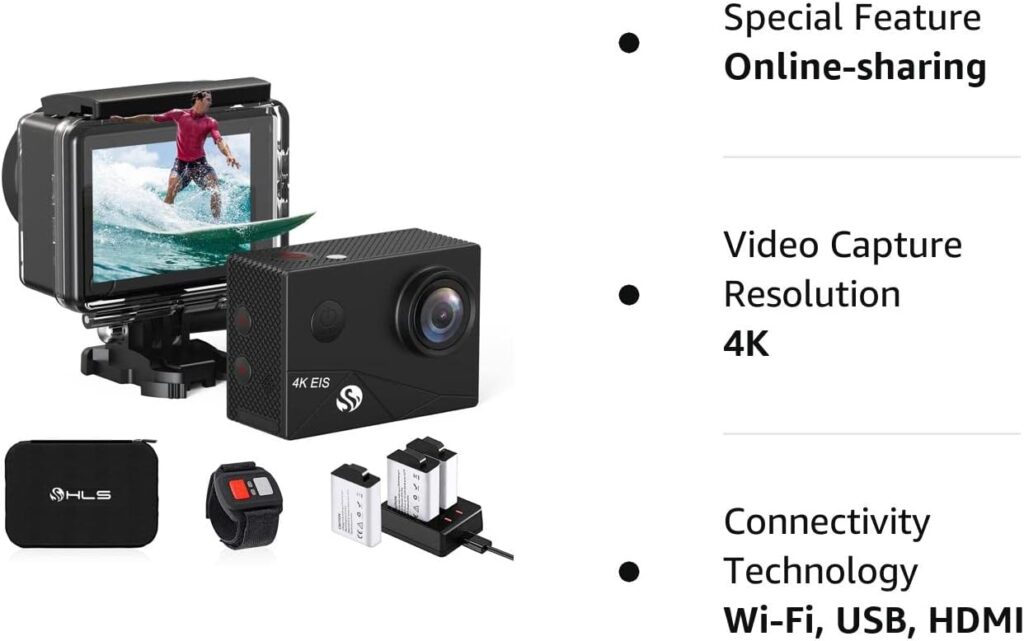 HLS 4k Action Camera Waterproof with 3 Batteries,Underwater Camera with Wide Angle Lens,Outdoor Sports Camera with Selfie Stick Kit  Remote Control