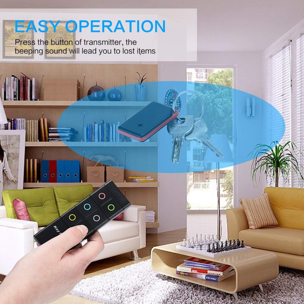 Key Finder, Simjar RF Item Locator with 1 Transmitter and 6 Receivers, 100ft Working Range Wireless Item Tracker Support Remote Control for Finding Pet, Wallet and Key