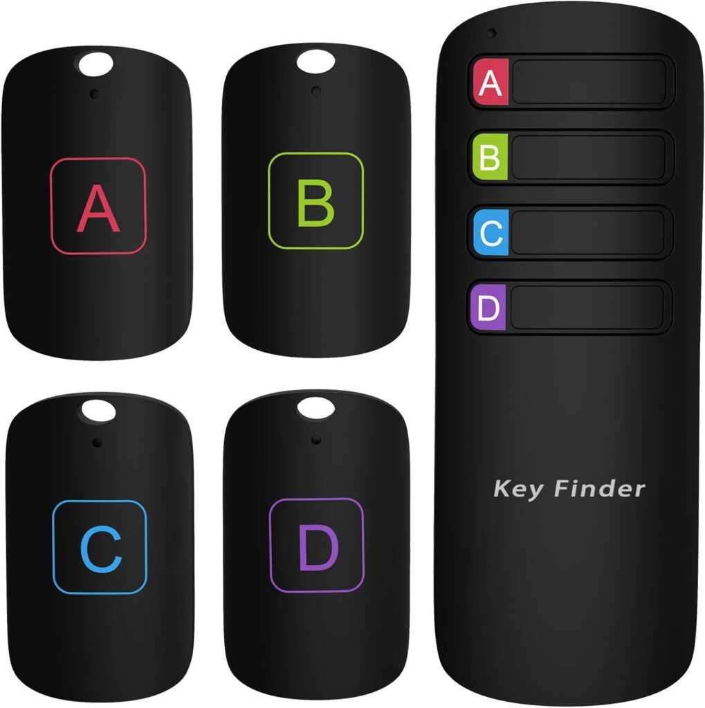 Key Finder, Stick on Remote Finder | Key Finder Locator, 120ft Range 80dB RF Remote Control Finder | Find My Keys Tracker Device with 1 Transmitter  4 Item Finder Tags, for Phones  Wallets