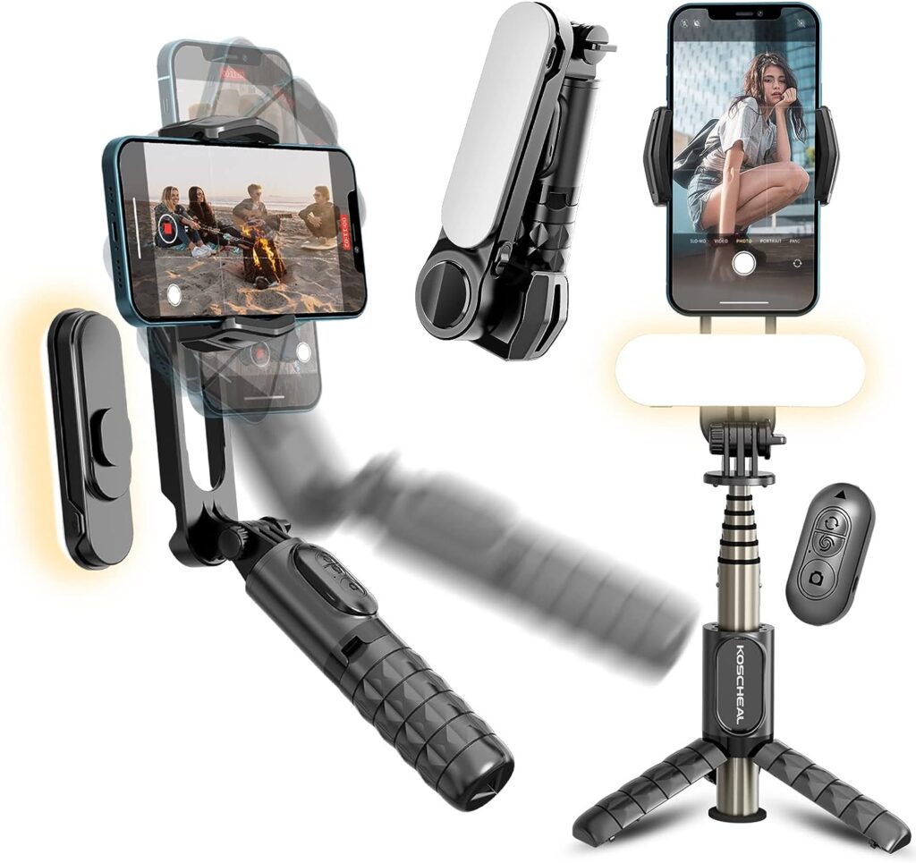 KOSCHEAL Gimbal Stabilizer for Smartphone,1-Axis Selfie Stick Gimbal Stabilizer with Fill Light 360°Rotation with Wireless Remote for Android and iPhone,Ideal for Vlogging,YouTube,TikTok Recording