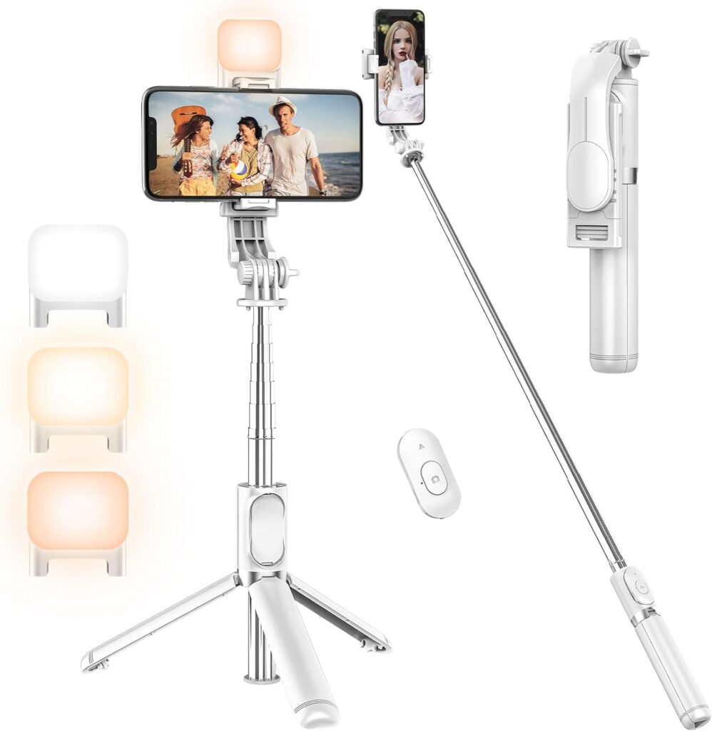 Portable Selfie Stick with Fill Light, Detachable Remote and Phone Tripod Stand, Extendable up to 42 Inches, Compatible with iPhone 14/13/12/11, Samsung, and Google Smartphones