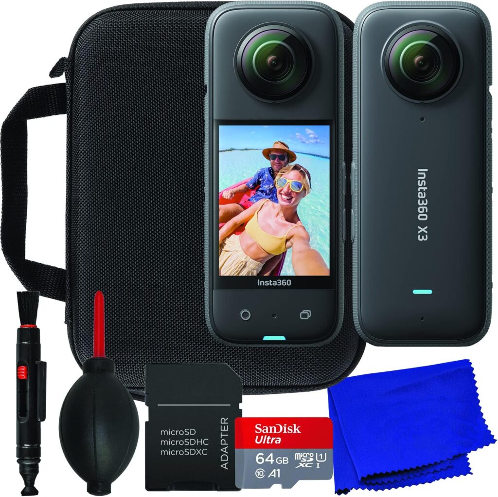 Ultimaxx Insta360 ONE X3 Basic Bundle + SanDisk 64GB Ultra Micro SDXC Memory Card, Water-Resistant Action Camera Case with Pre-Cut Foam Inserts, Manufacturer Accessories  More (10pc Bundle)